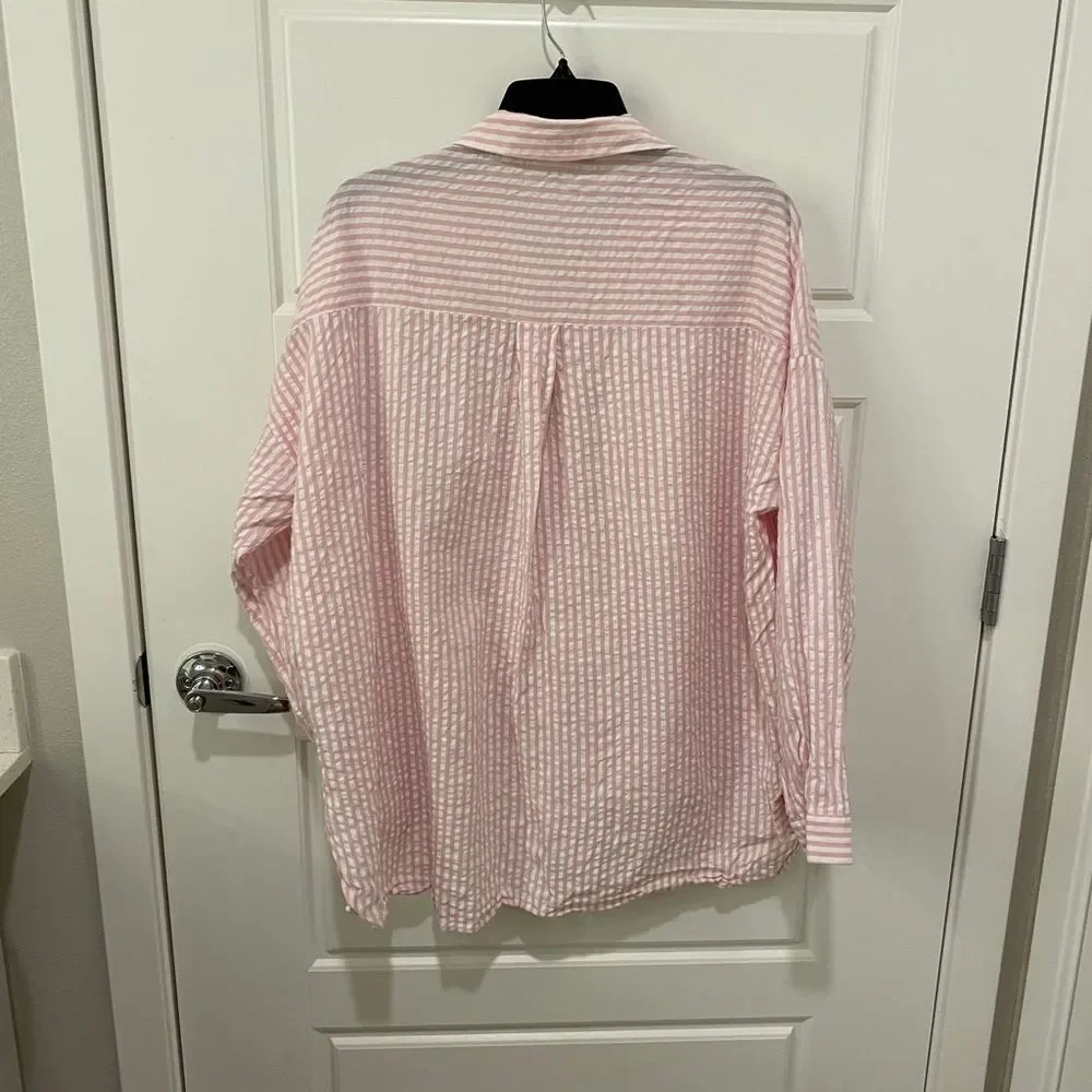 Zara Basic Pink White Striped Seersucker Patch High Low Button Down Shirt XL